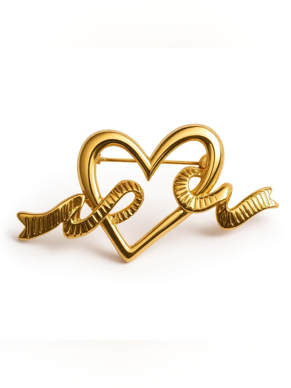 NEW Vintage Gold Tone Open Heart Ribbon Brooch Pin 2.5" x 1.5"